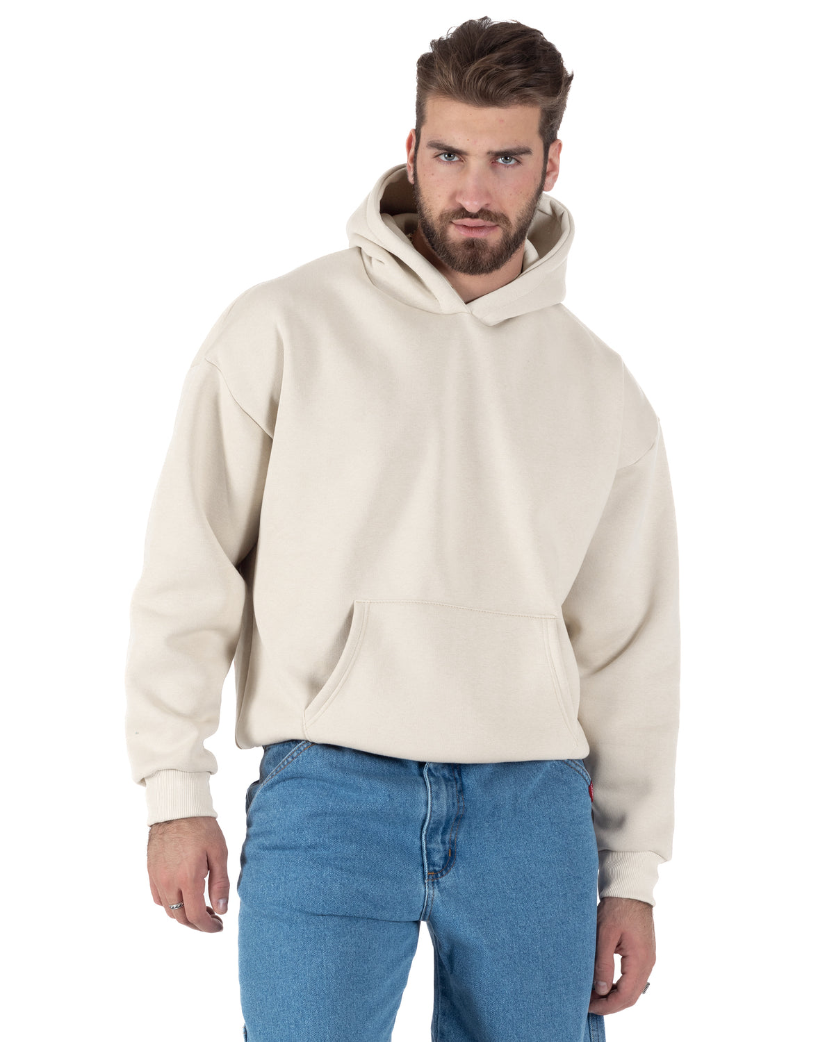 Felpa unisex uomo donna cappuccio boxy fit crop tasca marsupio avorio GIOSAL-F3087A
