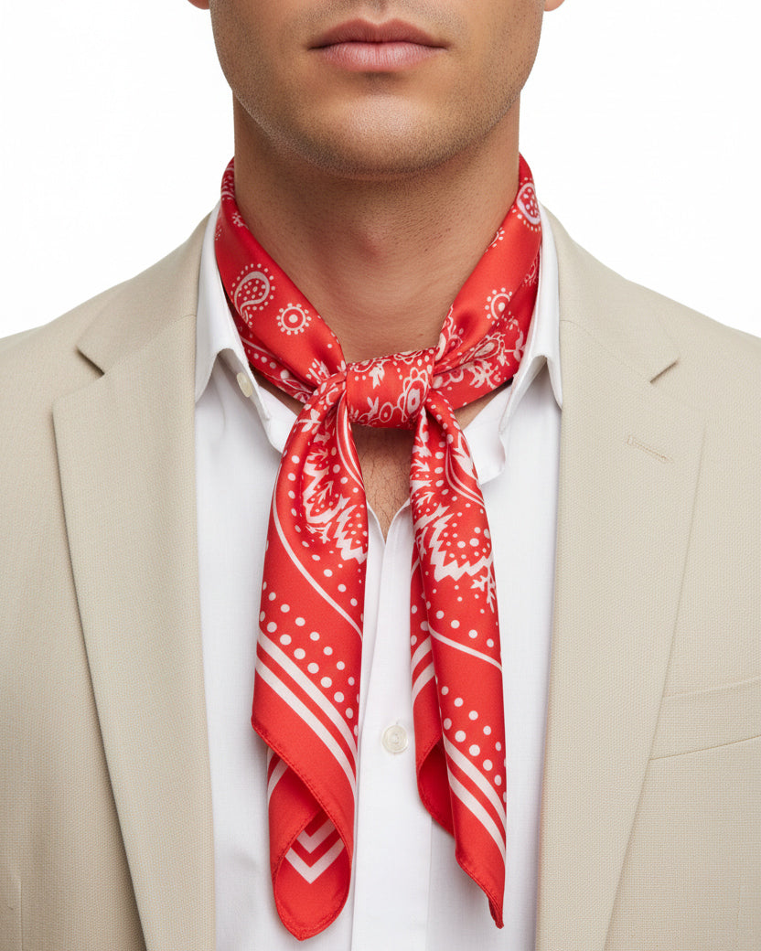 Foulard uomo unisex bandana paisley medaglione simmetrico bordo satinato rosso GIOSAL-FD1012A