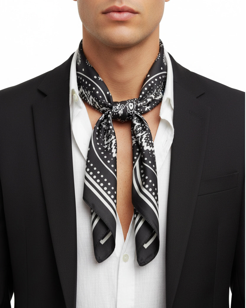 Foulard uomo unisex bandana paisley medaglione simmetrico bordo satinato nero GIOSAL-FD1014A