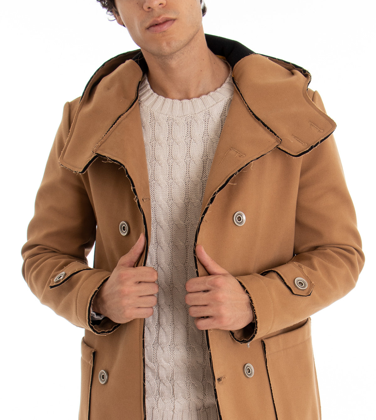 Cappotto Doppiopetto Uomo Giacca Con Cappuccio Giaccone Caldo Cotone Giubbotto Casual Tinta Unita Camel GIOSAL-G2347A