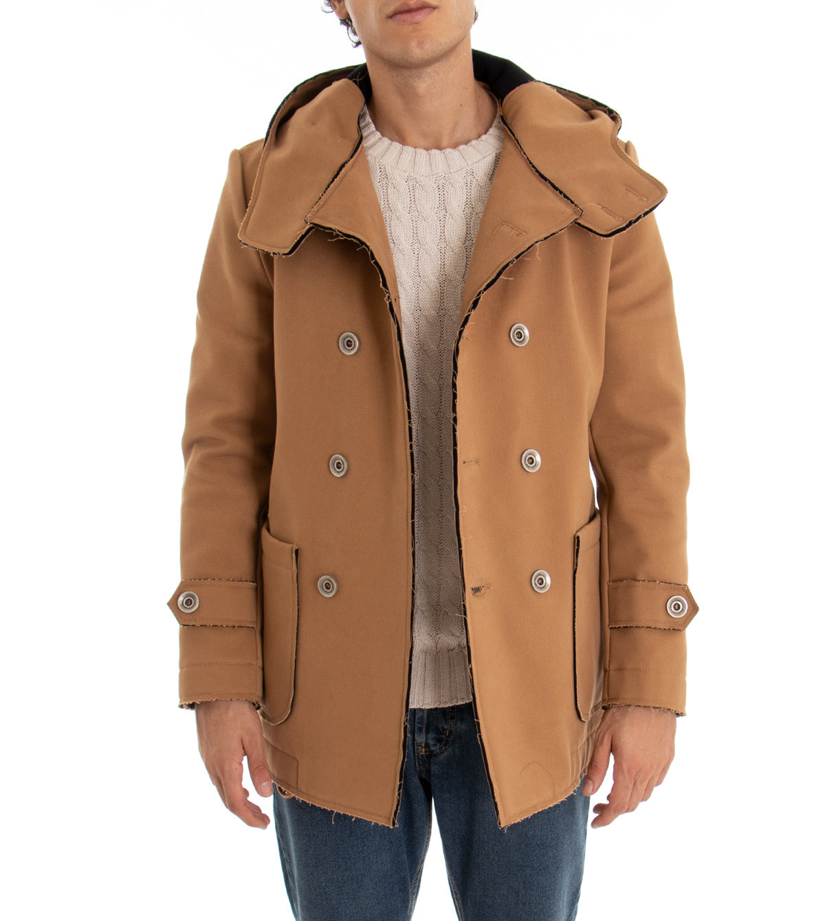 Cappotto Doppiopetto Uomo Giacca Con Cappuccio Giaccone Caldo Cotone Giubbotto Casual Tinta Unita Camel GIOSAL-G2347A
