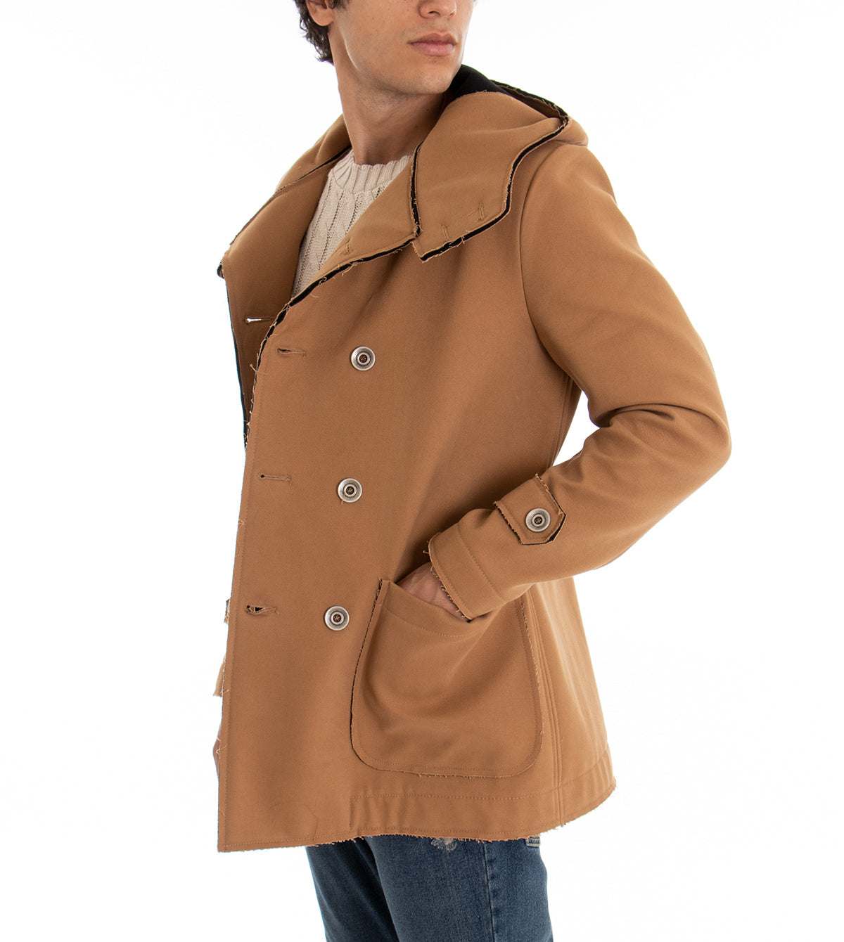 Cappotto Doppiopetto Uomo Giacca Con Cappuccio Giaccone Caldo Cotone Giubbotto Casual Tinta Unita Camel GIOSAL-G2347A