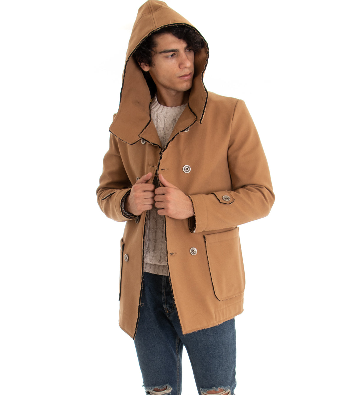 Cappotto Doppiopetto Uomo Giacca Con Cappuccio Giaccone Caldo Cotone Giubbotto Casual Tinta Unita Camel GIOSAL-G2347A