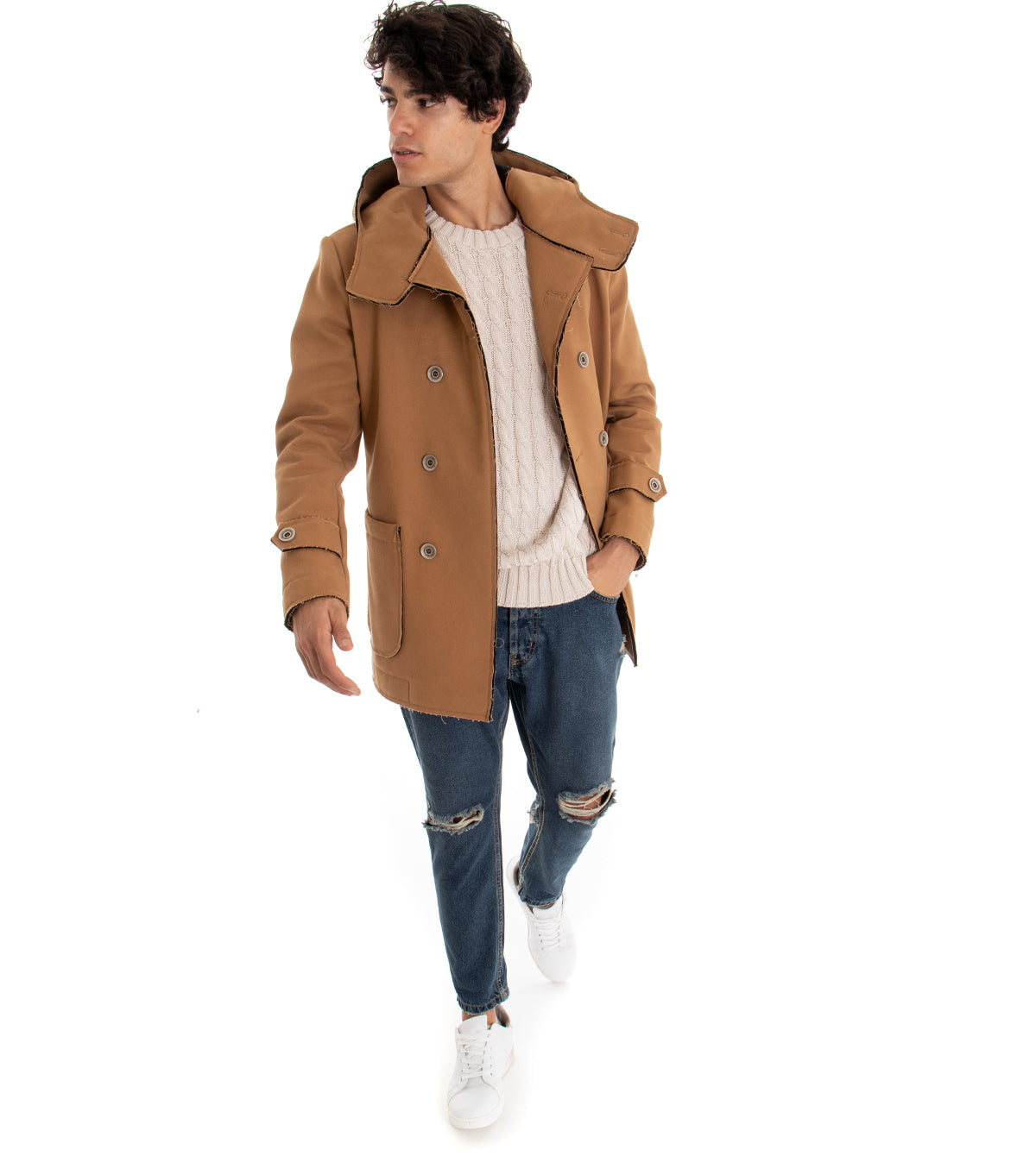 Cappotto Doppiopetto Uomo Giacca Con Cappuccio Giaccone Caldo Cotone Giubbotto Casual Tinta Unita Camel GIOSAL-G2347A