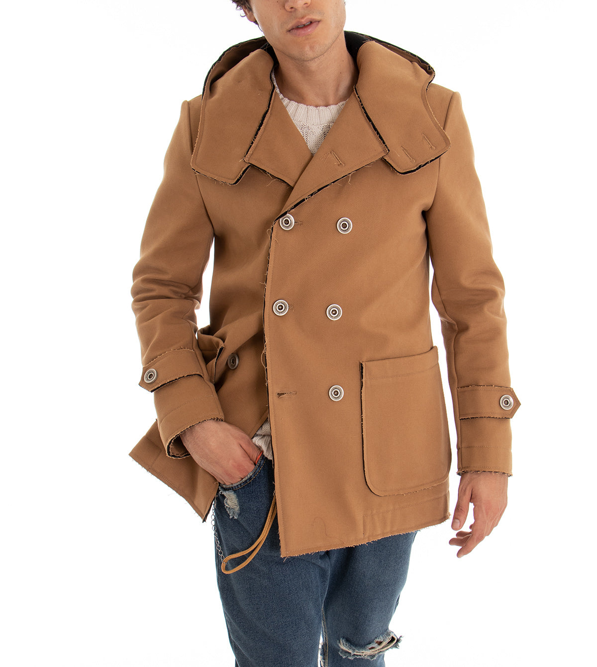 Cappotto Doppiopetto Uomo Giacca Con Cappuccio Giaccone Caldo Cotone Giubbotto Casual Tinta Unita Camel GIOSAL-G2347A