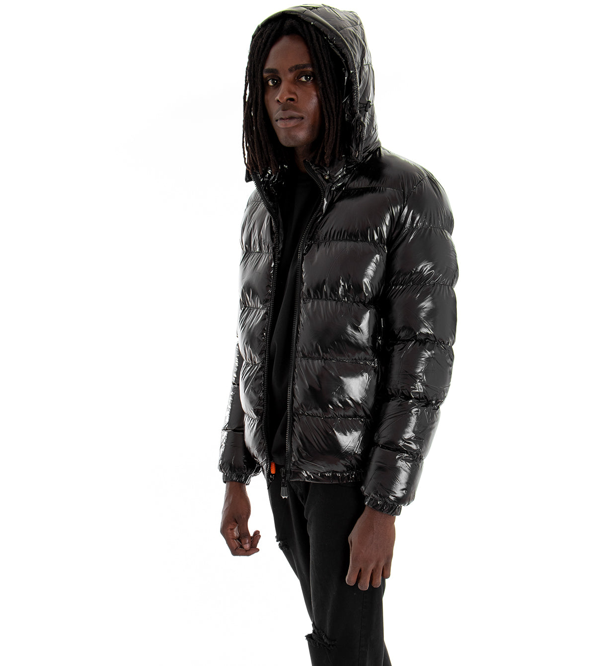 Giubbotto Uomo Vernice Lucido Bomber Con Cappuccio Puffer Piumino Trapuntato Tinta Unita Nero GIOSAL-G2370A