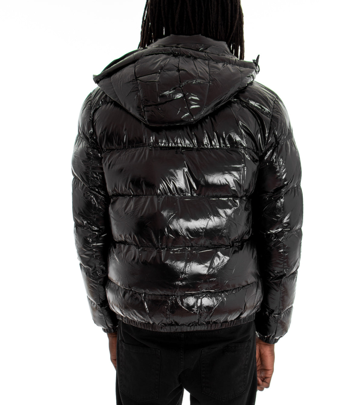 Giubbotto Uomo Vernice Lucido Bomber Con Cappuccio Puffer Piumino Trapuntato Tinta Unita Nero GIOSAL-G2370A