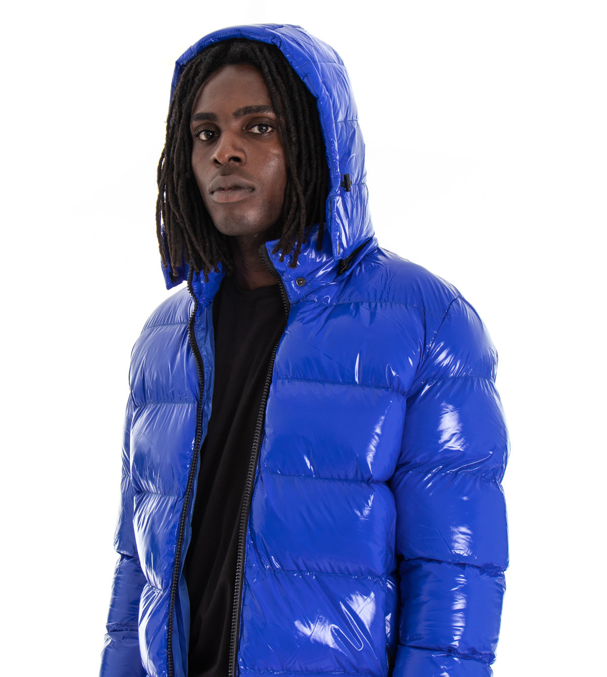 Giubbotto Uomo Vernice Lucido Bomber Con Cappuccio Puffer Piumino Trapuntato Tinta Unita Blu Royal GIOSAL-G2373A
