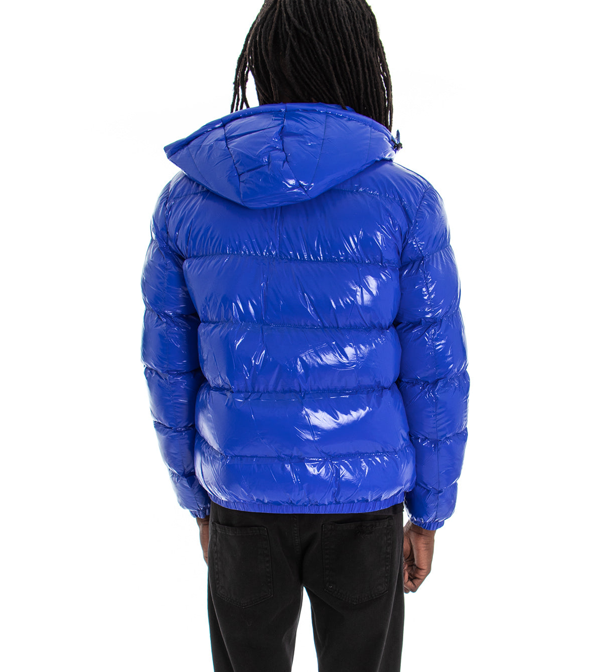 Giubbotto Uomo Vernice Lucido Bomber Con Cappuccio Puffer Piumino Trapuntato Tinta Unita Blu Royal GIOSAL-G2373A