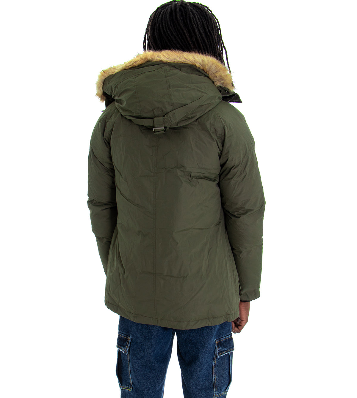 Giubbotto Uomo Parka Lungo Trapuntato Cappuccio Pelliccia Tinta Unita Verde GIOSAL-G2399A