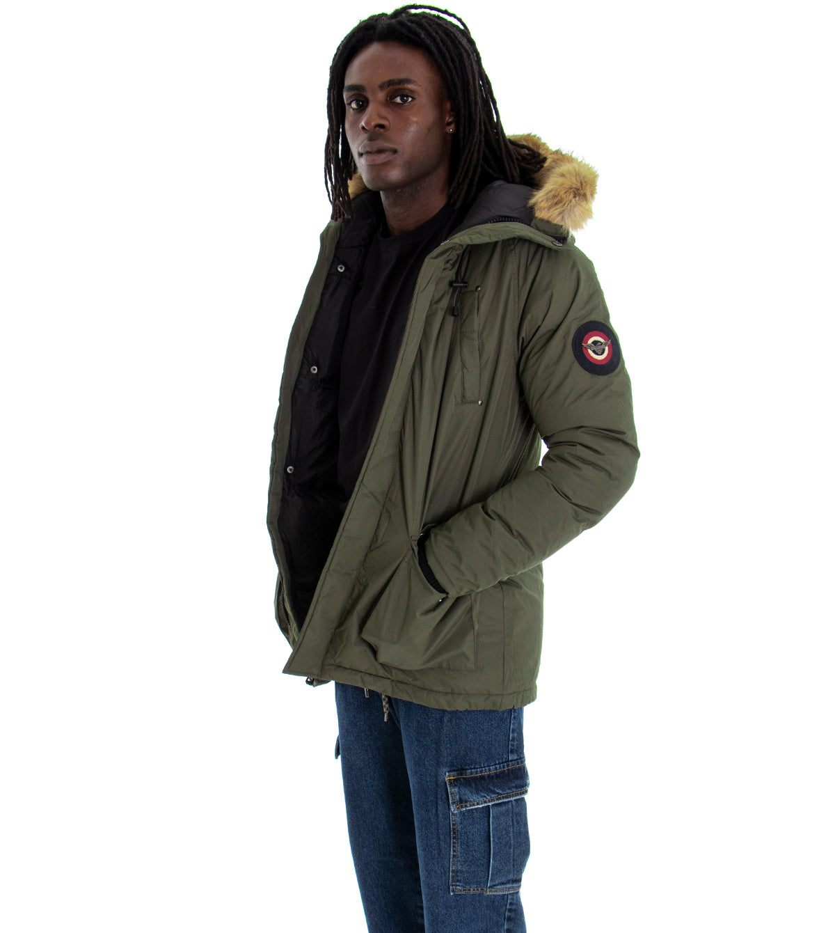 Giubbotto Uomo Parka Lungo Trapuntato Cappuccio Pelliccia Tinta Unita Verde GIOSAL-G2399A