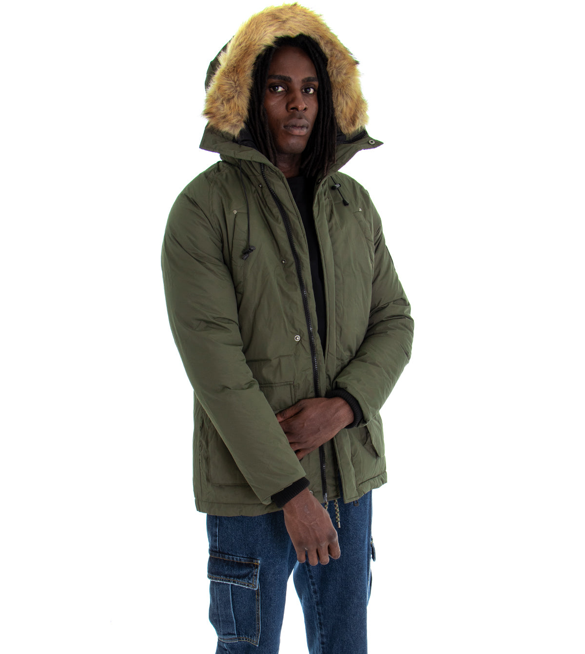 Giubbotto Uomo Parka Lungo Trapuntato Cappuccio Pelliccia Tinta Unita Verde GIOSAL-G2399A