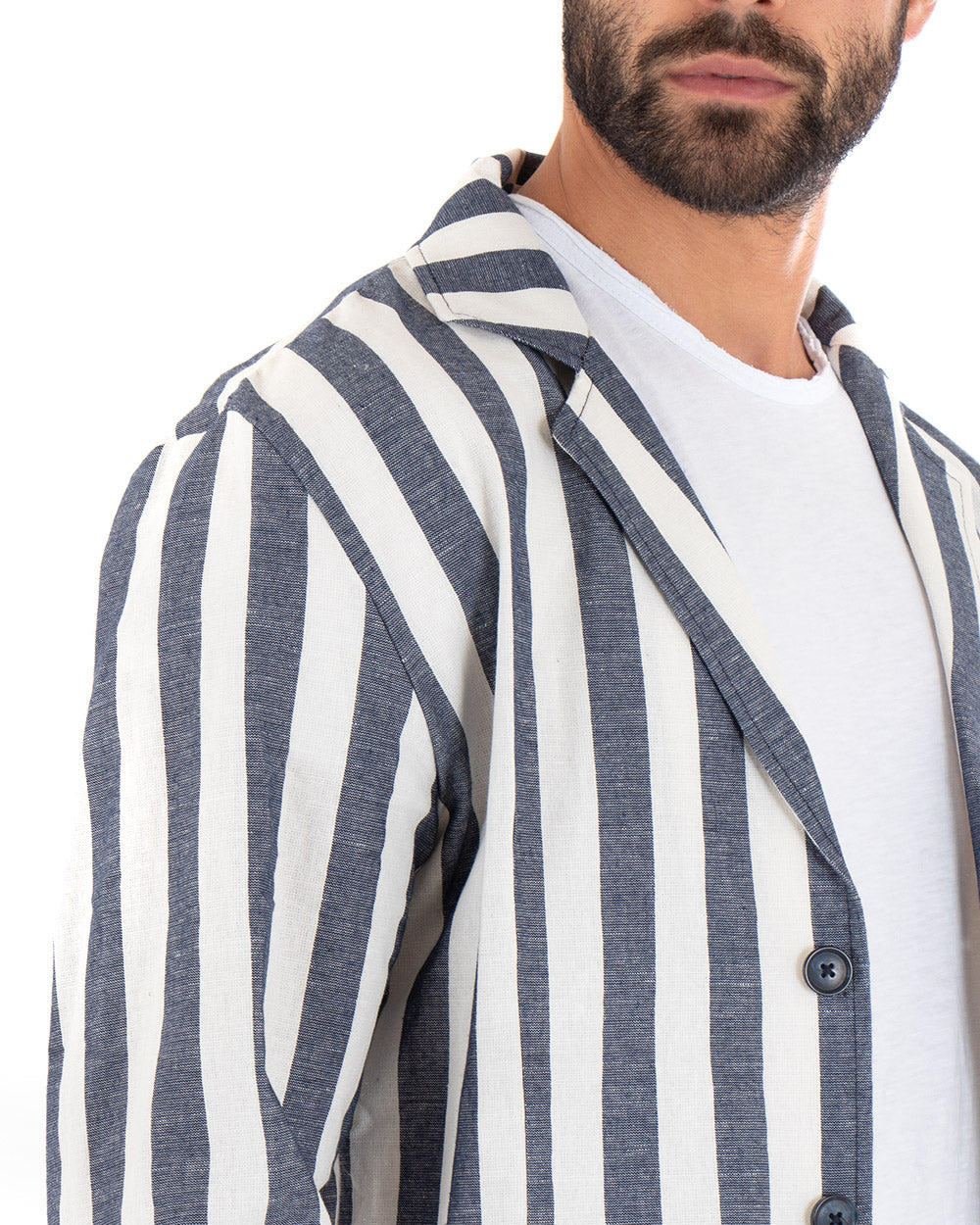 Camicia Uomo Giacca Con Colletto Manica Lunga Lino Sartoriale Rigata Blu GIOSAL-G2563A