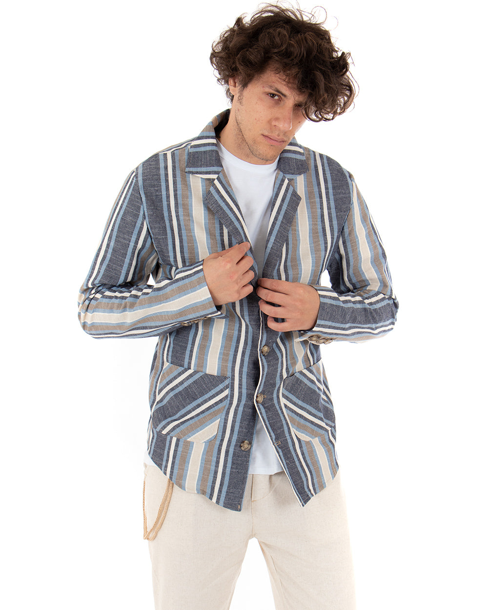 Giacca Monopetto Uomo Camicia Rigata Colletto Maniche Lunghe Tasche Multicolore GIOSAL-G2570A