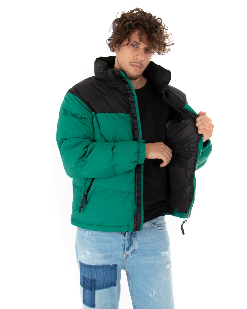 Giubbotto Uomo Imbottito Bomber Caldo Con Collo Puffer Bicolore Verde Nero Casual GIOSAL-G2627A