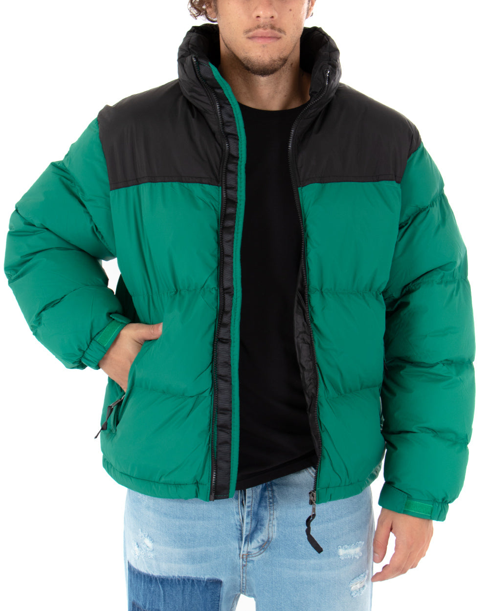 Giubbotto Uomo Imbottito Bomber Caldo Con Collo Puffer Bicolore Verde Nero Casual GIOSAL-G2627A
