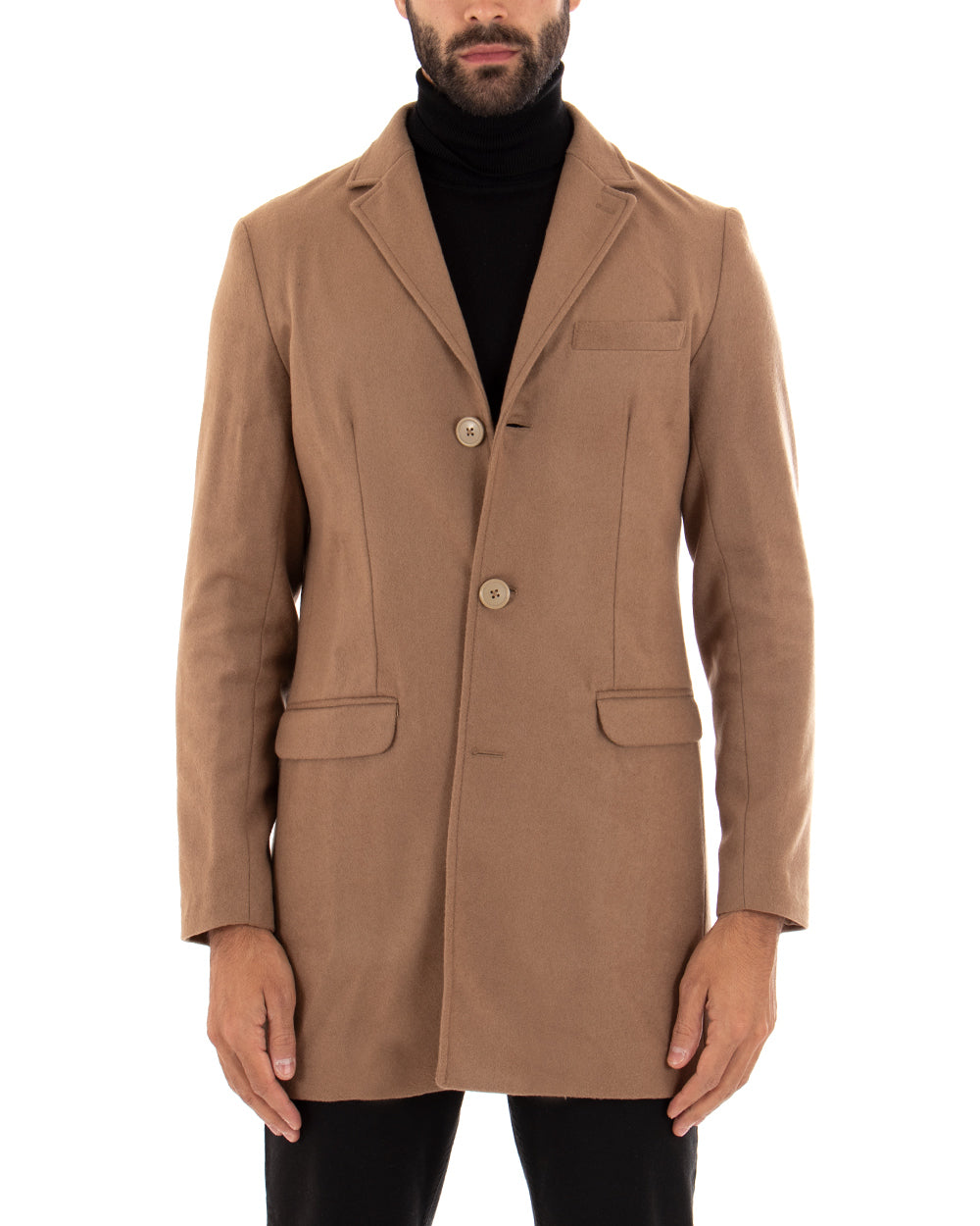 Cappotto Monopetto Uomo Giacca Colletto Rever Giaccone Tinta Unita Camel Baronetto Elegante GIOSAL-CO1022A