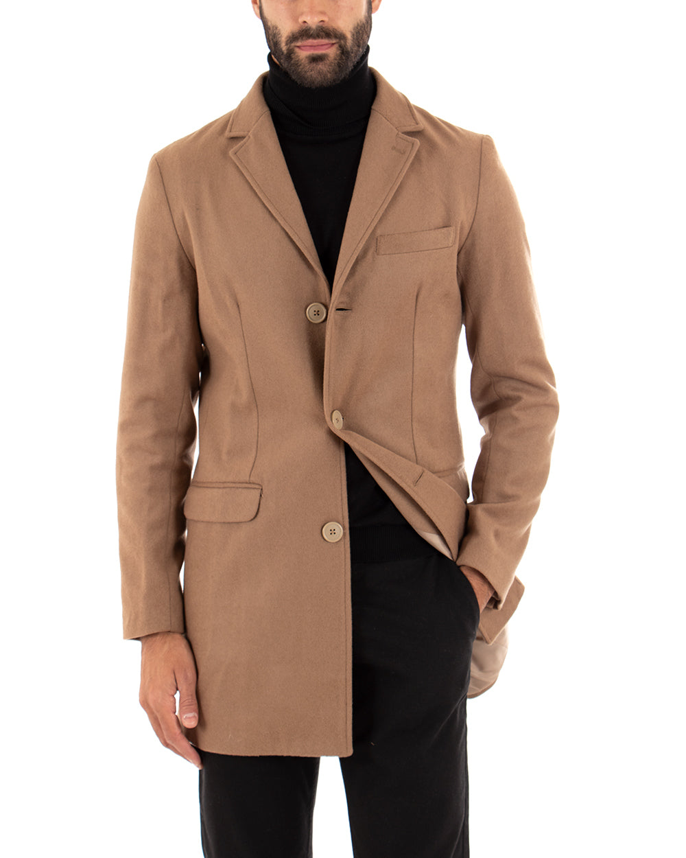 Cappotto Monopetto Uomo Giacca Colletto Rever Giaccone Tinta Unita Camel Baronetto Elegante GIOSAL-CO1022A