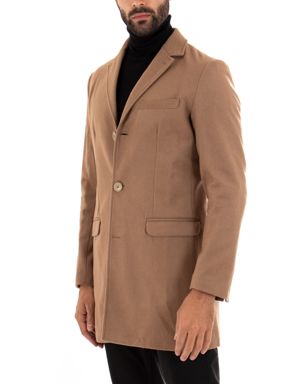 Cappotto Monopetto Uomo Giacca Colletto Reverse Giaccone Tinta Unita Camel Baronetto Elegante GIOSAL-CO1022A