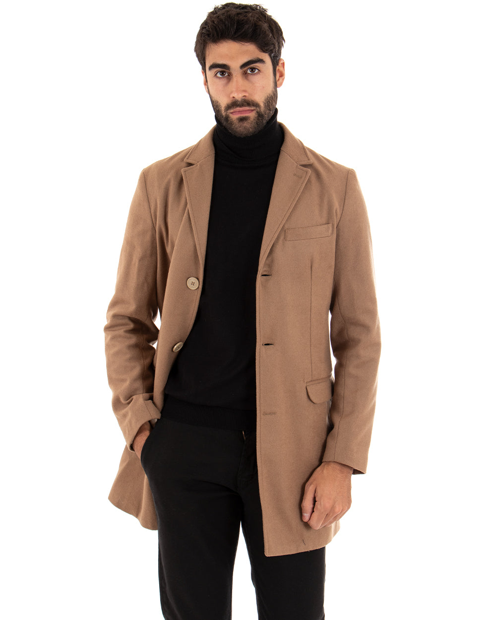 Cappotto Monopetto Uomo Giacca Colletto Reverse Giaccone Tinta Unita Camel Baronetto Elegante GIOSAL-CO1022A