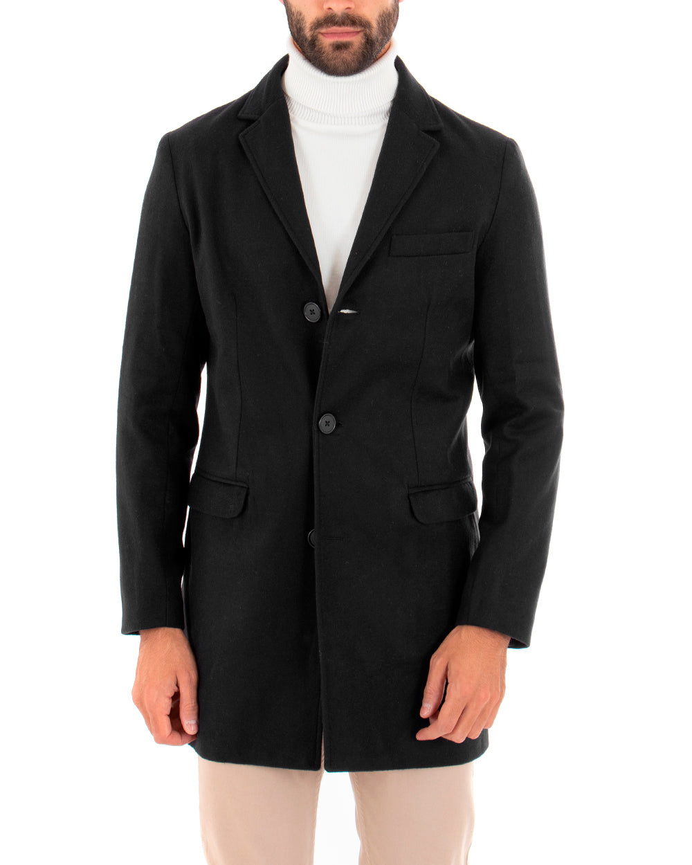 Cappotto Monopetto Uomo Giacca Colletto Rever Giaccone Tinta Unita Nero Baronetto Elegante GIOSAL-CO1035A