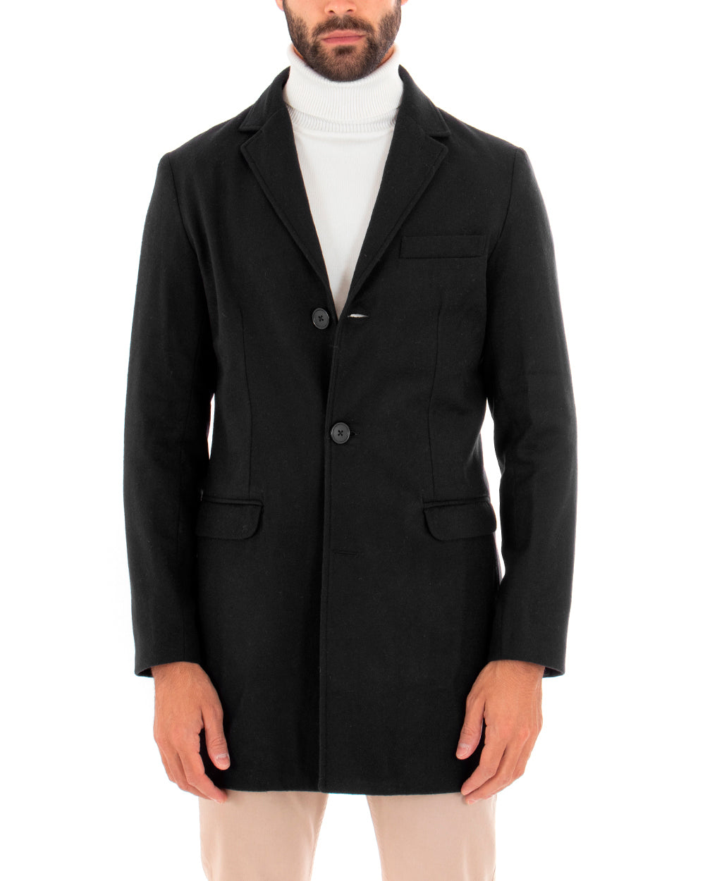Cappotto Monopetto Uomo Giacca Colletto Rever Giaccone Tinta Unita Nero Baronetto Elegante GIOSAL-CO1035A