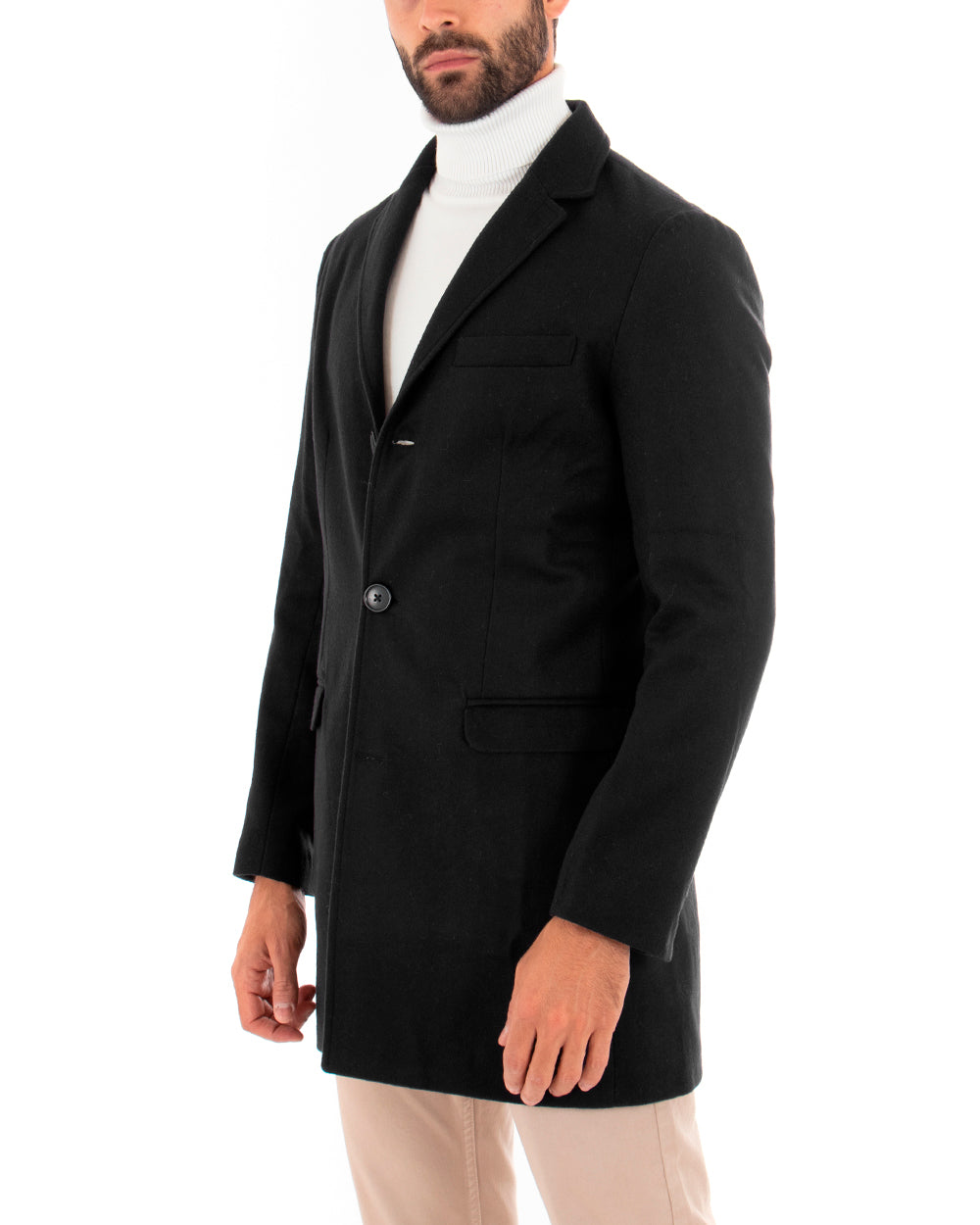Cappotto Monopetto Uomo Giacca Colletto Rever Giaccone Tinta Unita Nero Baronetto Elegante GIOSAL-CO1035A