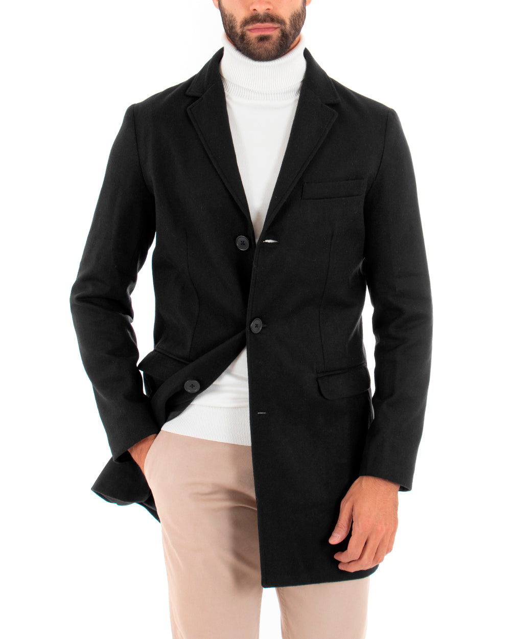 Cappotto Monopetto Uomo Giacca Colletto Rever Giaccone Tinta Unita Nero Baronetto Elegante GIOSAL-CO1035A