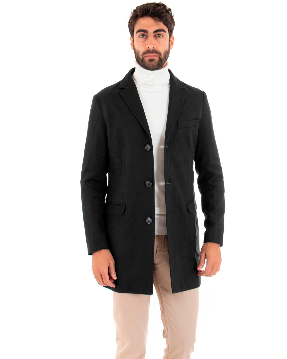 Cappotto Monopetto Uomo Giacca Colletto Rever Giaccone Tinta Unita Nero Baronetto Elegante GIOSAL-CO1035A