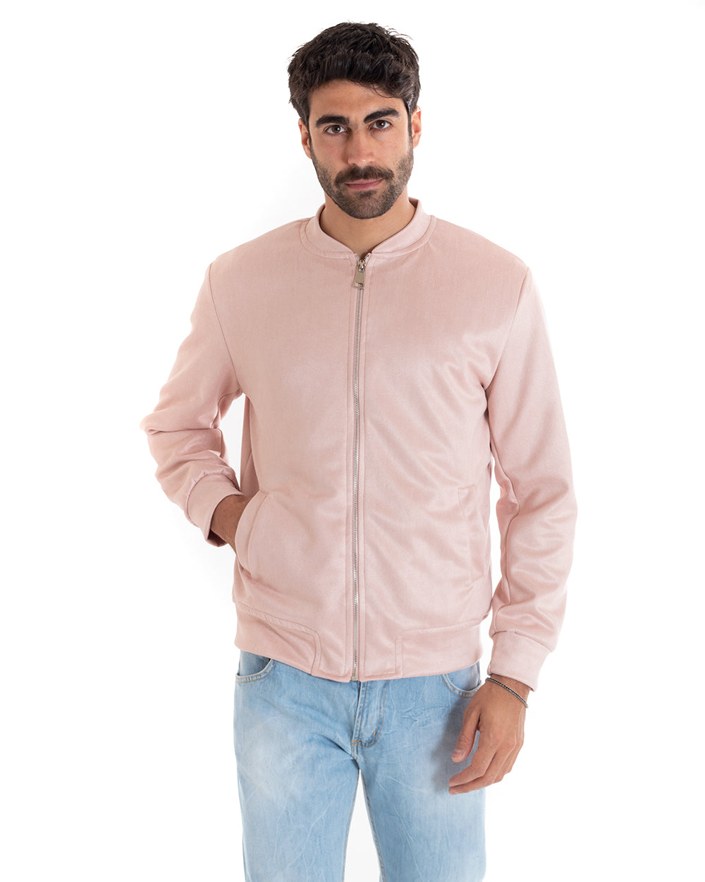 Giubbotto Uomo Bomber Camoscio Tinta Unita Rosa Casual GIOSAL-G2810A