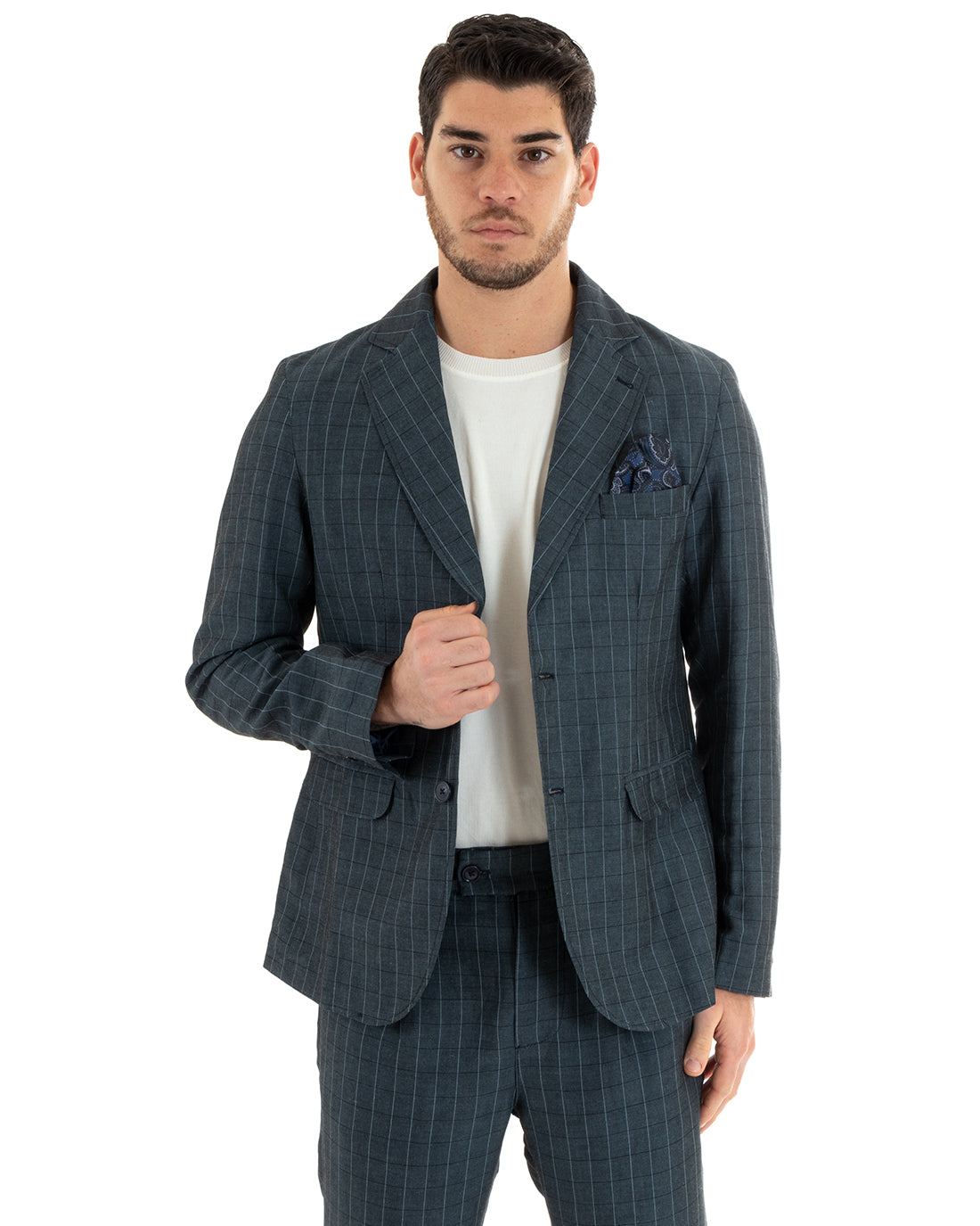 Giacca Uomo Lino Monopetto Quadri Blu Cerimonia Elegante Casual GIOSAL-G2851A