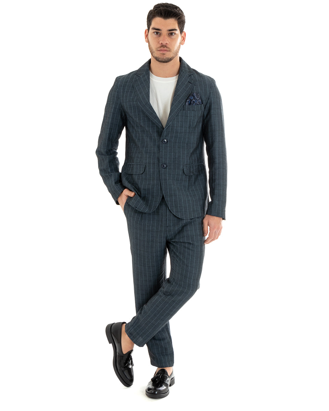 Giacca Uomo Lino Monopetto Quadri Blu Cerimonia Elegante Casual GIOSAL-G2851A