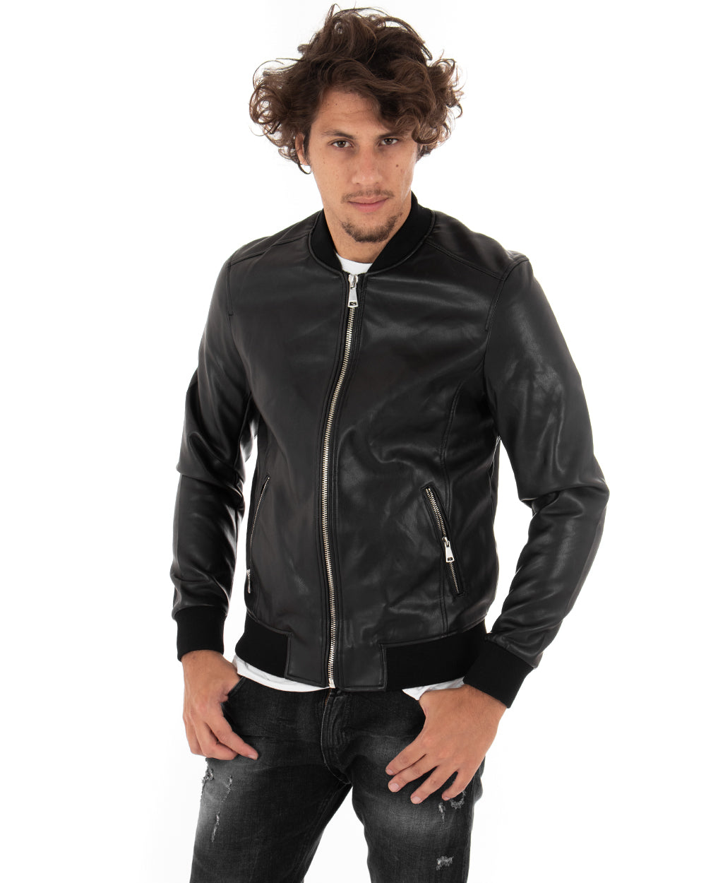 Giubbotto Uomo College Ecopelle Tinta Unita Nero Biker Basic GIOSAL-G2583A