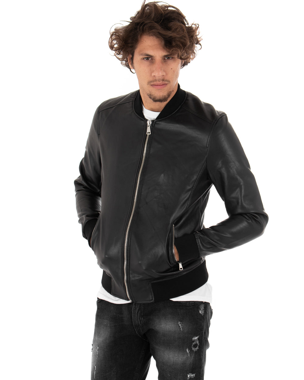 Giubbotto Uomo College Ecopelle Tinta Unita Nero Biker Basic GIOSAL-G2583A