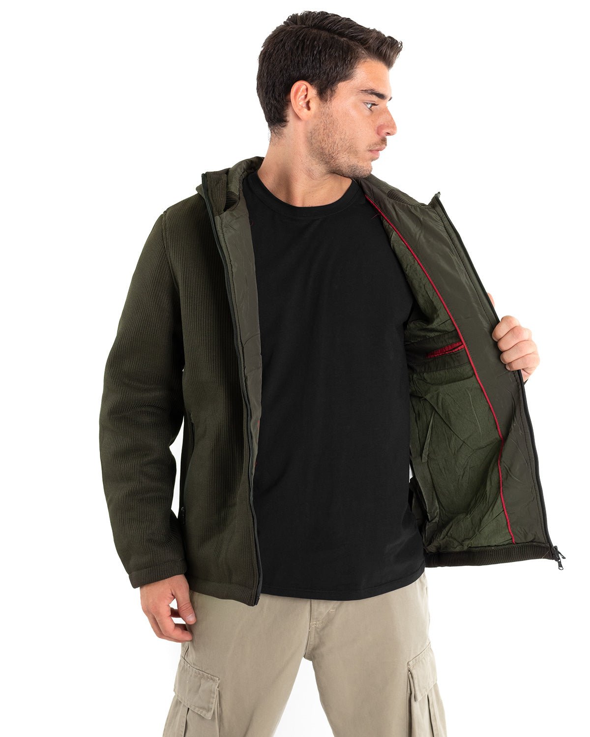 Giubbotto Uomo Bomber Cappuccio Tessuto Tecnico Verde Casual GIOSAL-G2886A