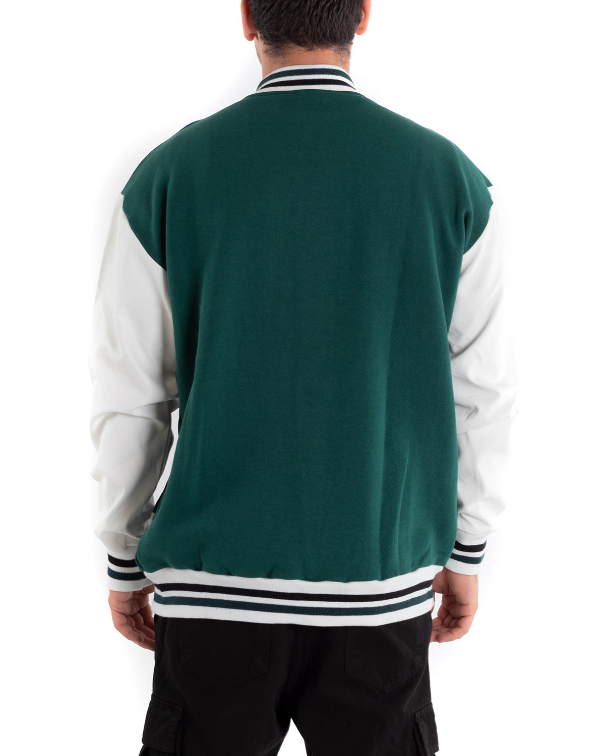 Giubbotto Uomo Giacca College Varsity Ecopelle Bicolore Verde Bianco GIOSAL-G2888A