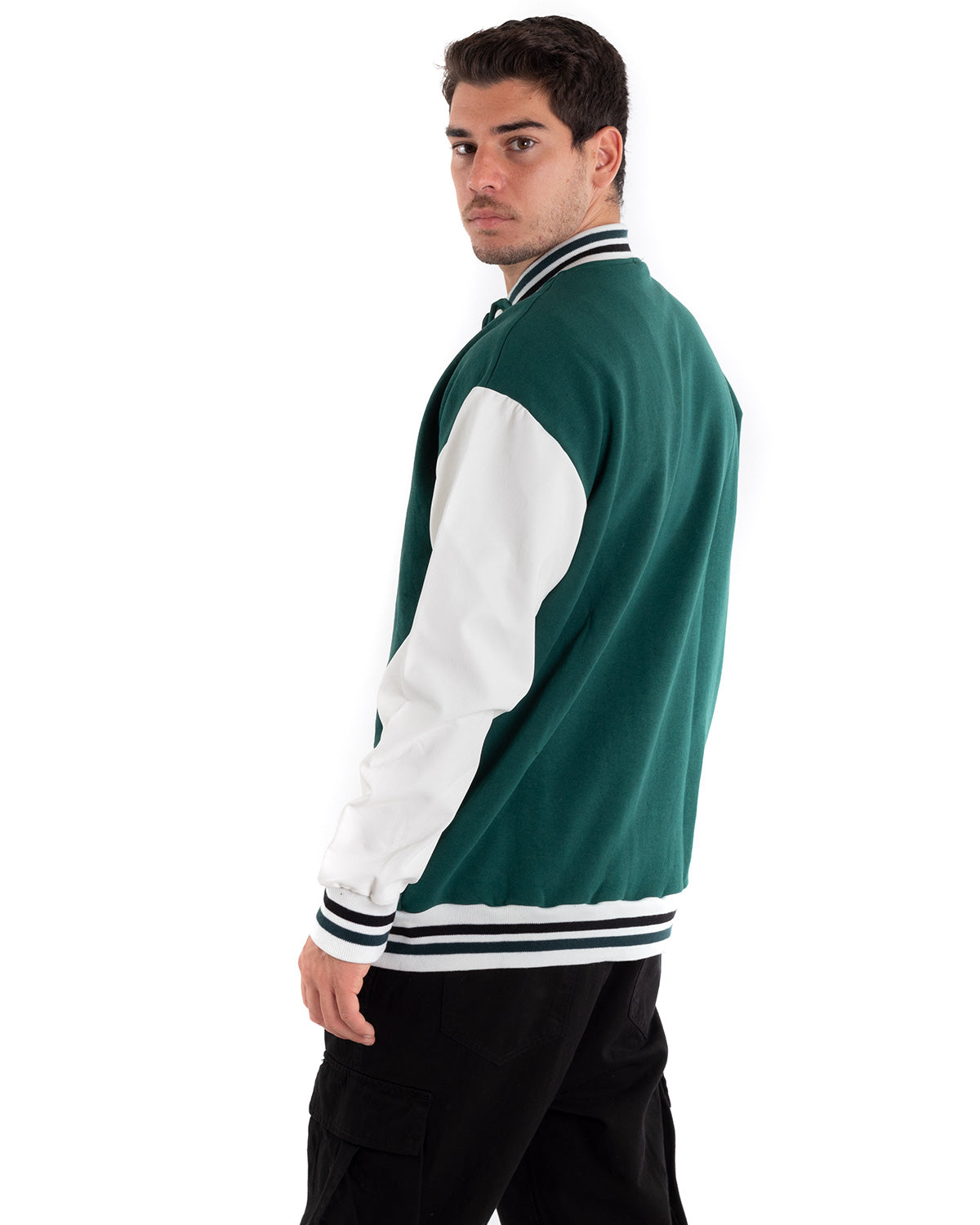 Giubbotto Uomo Giacca College Varsity Ecopelle Bicolore Verde Bianco GIOSAL-G2888A