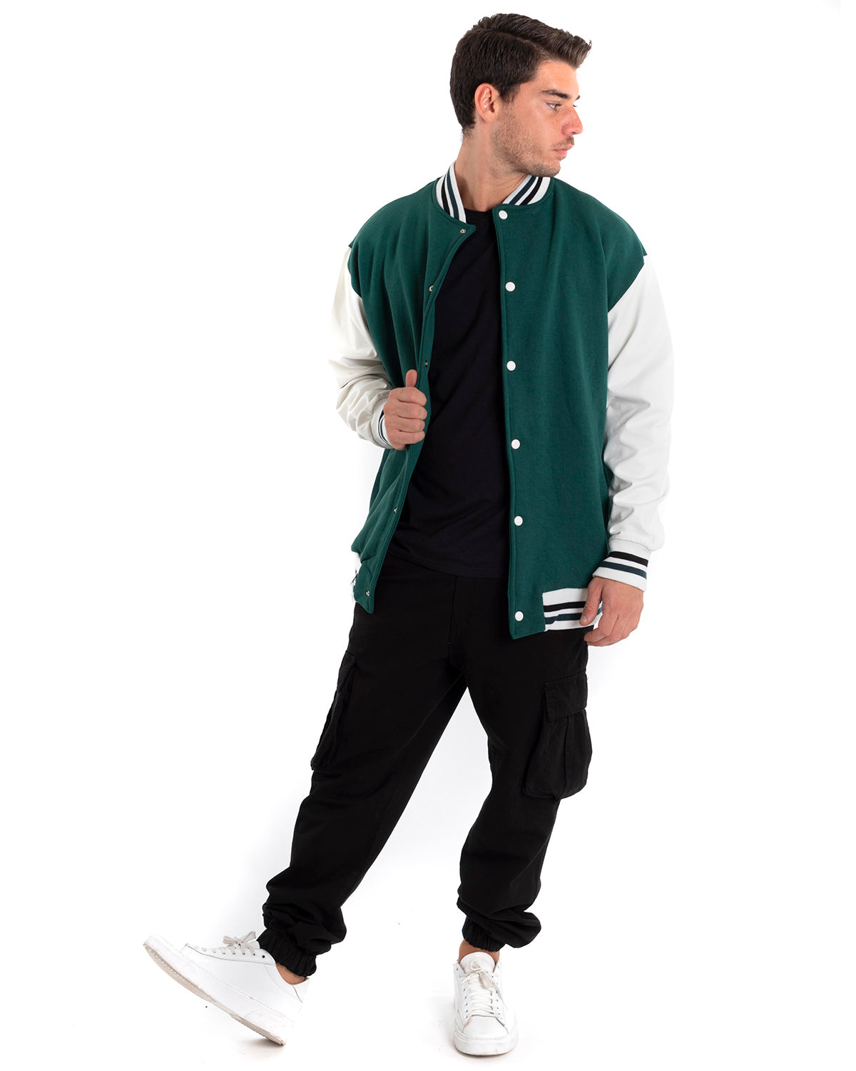 Giubbotto Uomo Giacca College Varsity Ecopelle Bicolore Verde Bianco GIOSAL-G2888A