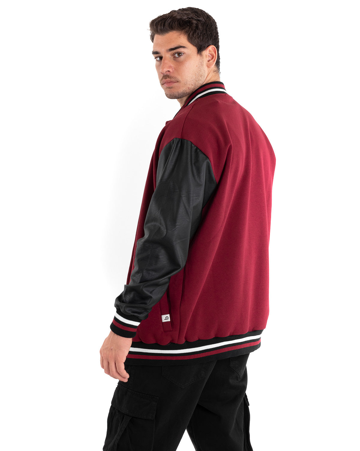 Giubbotto Uomo Giacca College Varsity Ecopelle Bicolore Bordeaux Nero GIOSAL-G2889A