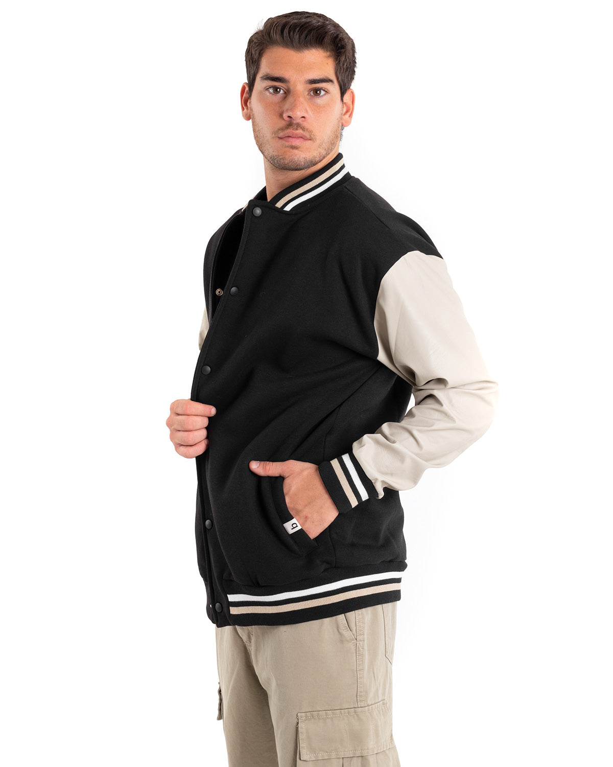 Giubbotto Uomo Giacca College Varsity Ecopelle Bicolore Nero Beige GIOSAL-G2890A