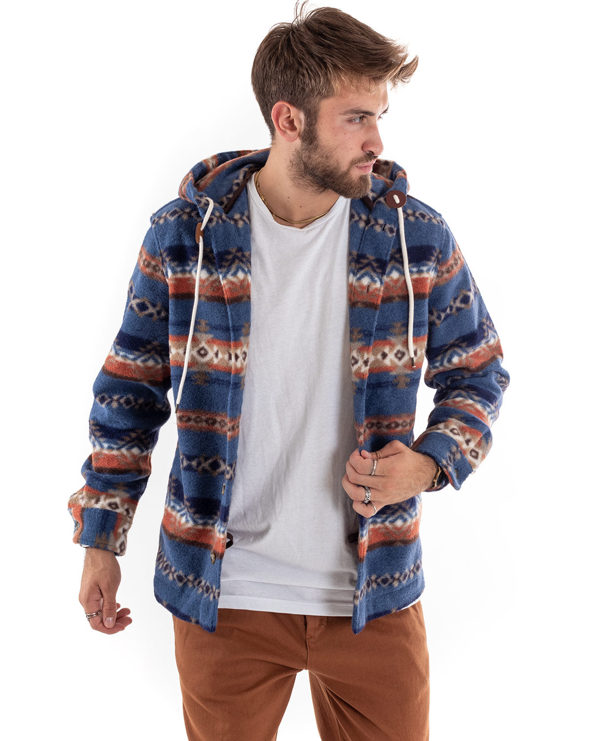 Cappotto Giubbotto Uomo Camicia Camicione Con Cappuccio Casual Fantasia Blu GIOSAL-G2924A