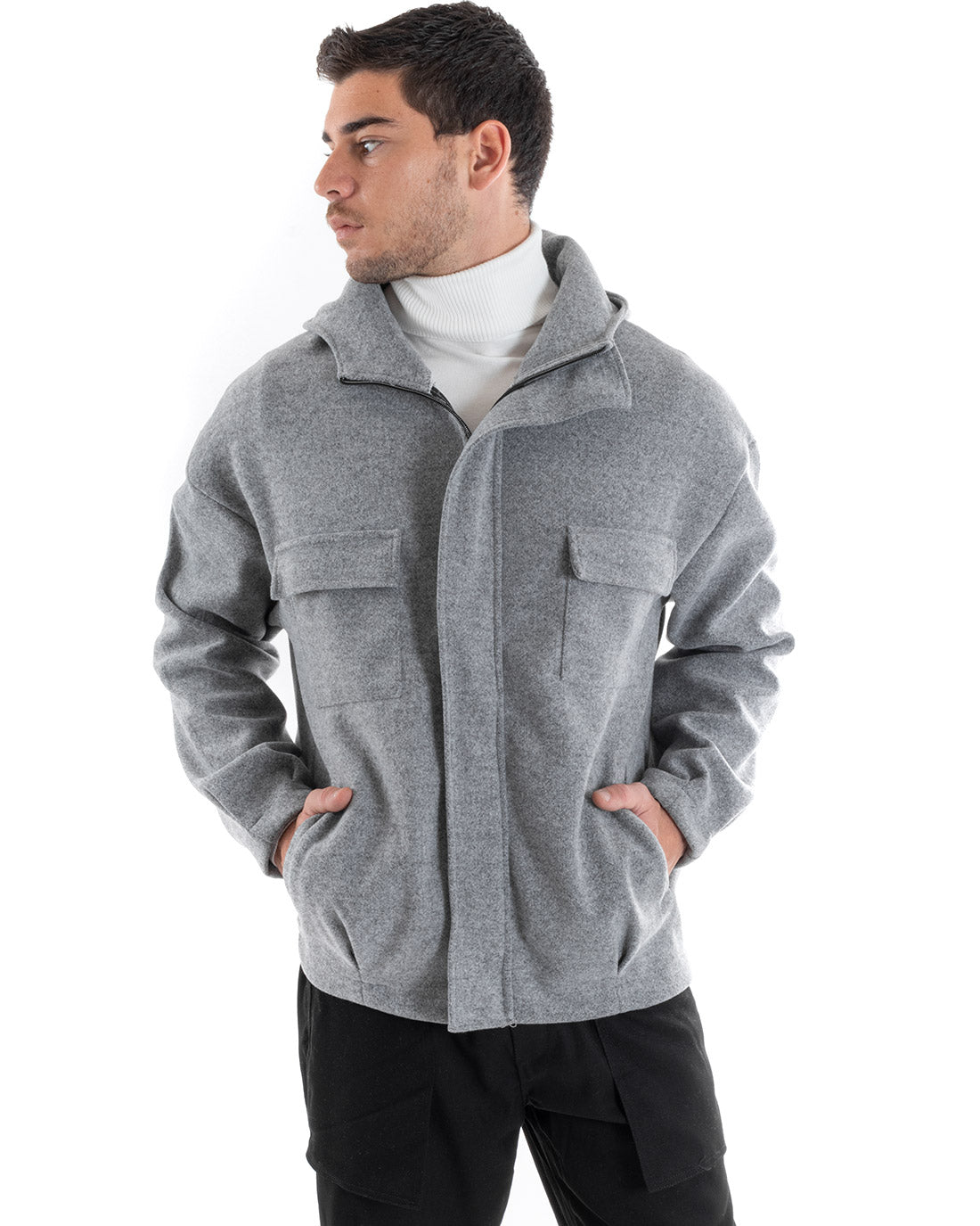 Cappotto Uomo Camoscio Giubbotto Con Cappuccio Giacca Calda Con Zip Tinta Unita Grigio GIOSAL-G2945A
