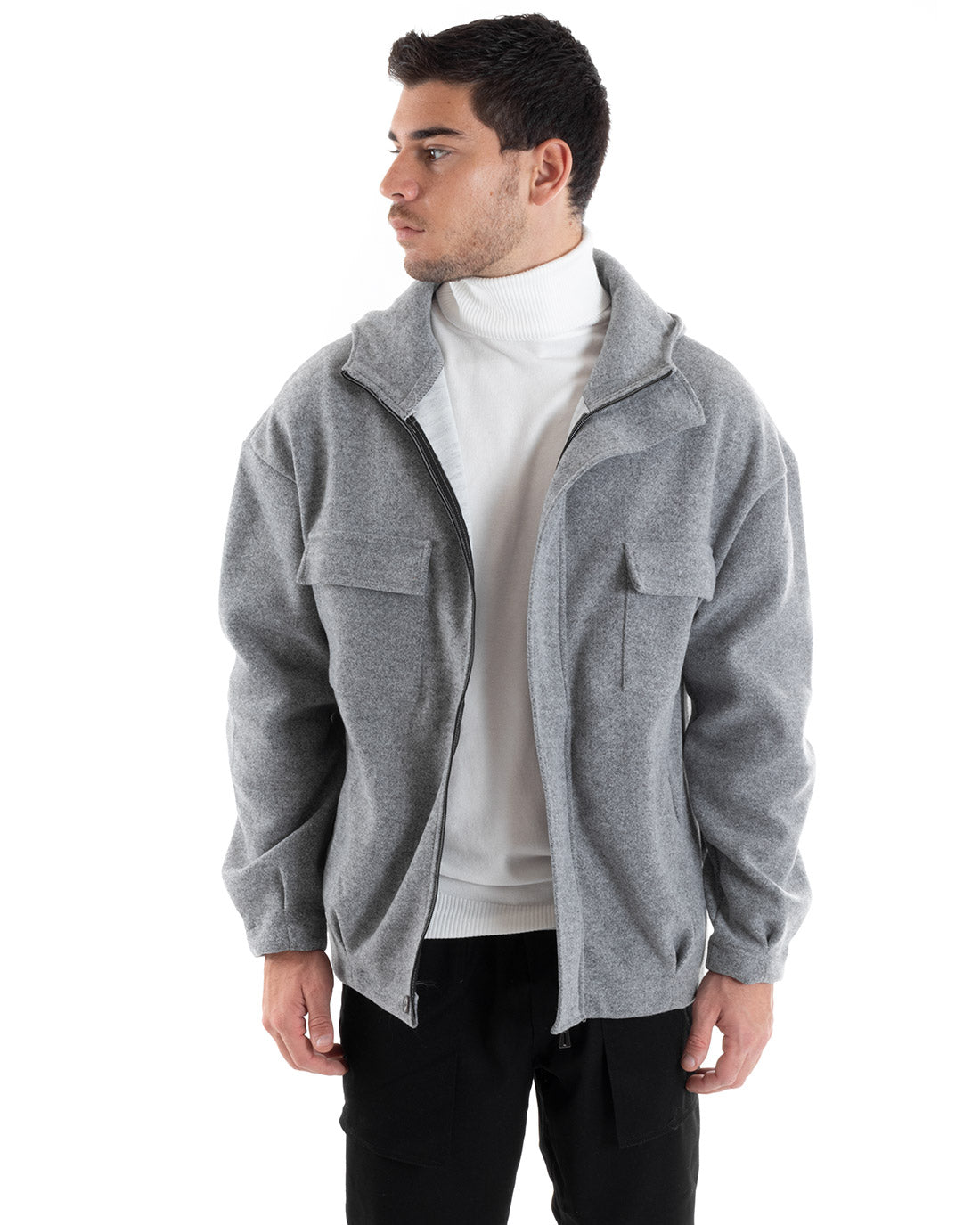 Cappotto Giubbotto Uomo Giacca Con Zip Camoscio Cappuccio Tinta Unita Grigio Casual GIOSAL-G2945A