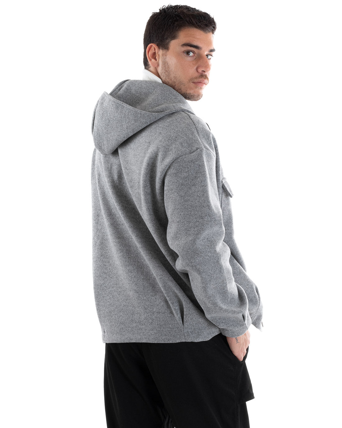 Cappotto Uomo Camoscio Giubbotto Con Cappuccio Giacca Calda Con Zip Tinta Unita Grigio GIOSAL-G2945A