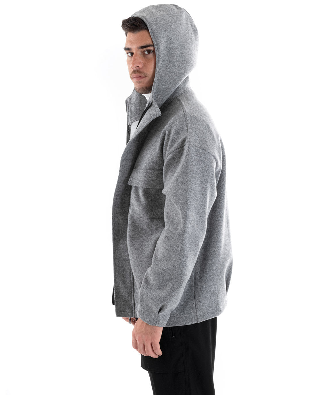 Cappotto Uomo Camoscio Giubbotto Con Cappuccio Giacca Calda Con Zip Tinta Unita Grigio GIOSAL-G2945A