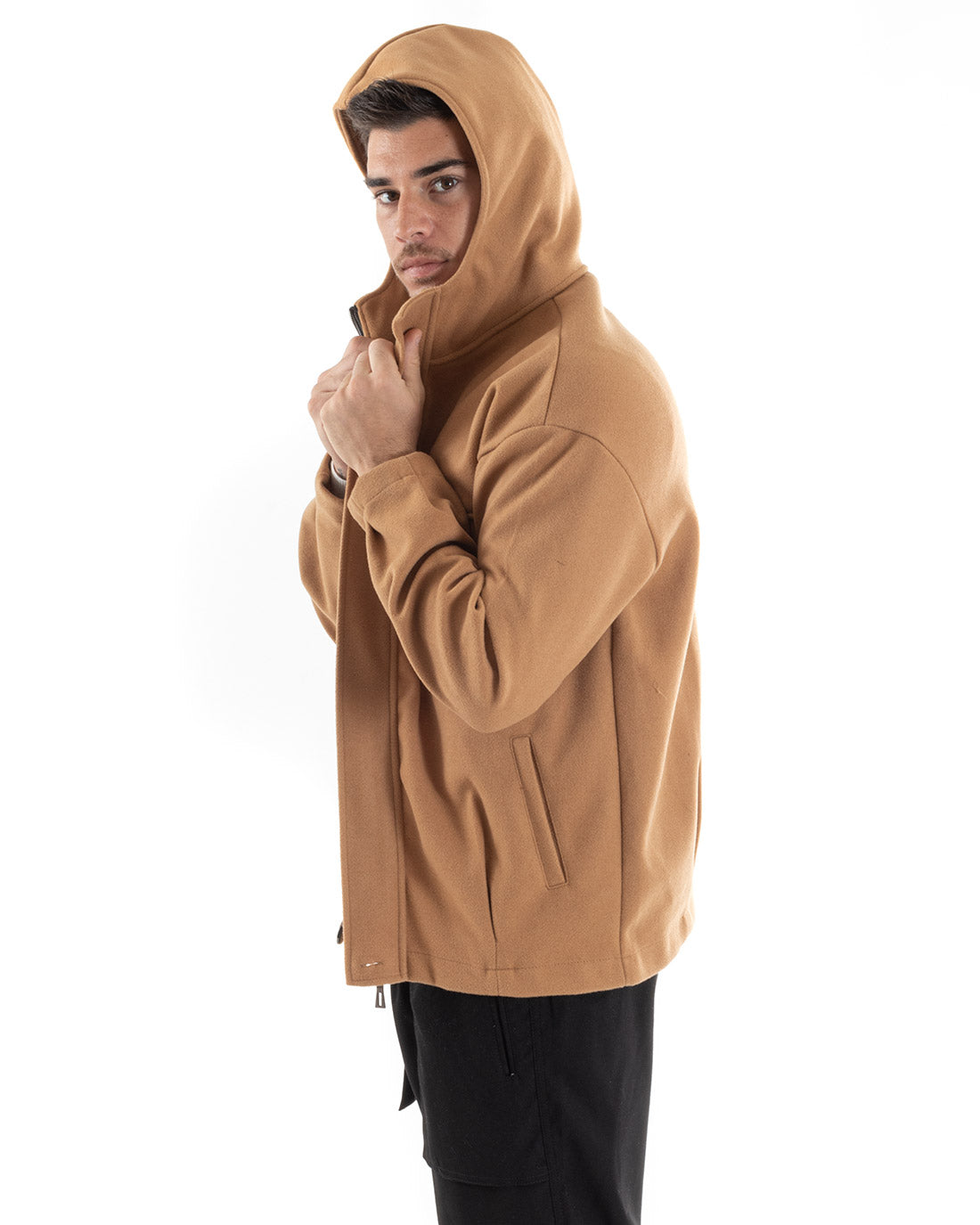 Cappotto Giubbotto Uomo Giacca Con Zip Camoscio Cappuccio Tinta Unita Camel Casual GIOSAL-G2946A