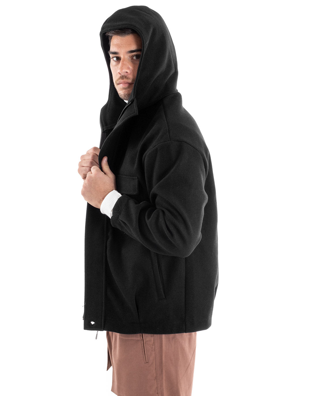 Cappotto Uomo Camoscio Giubbotto Con Cappuccio Giacca Calda Con Zip Tinta Unita Nero GIOSAL-G2947A