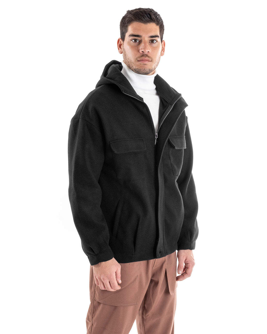 Cappotto Uomo Camoscio Giubbotto Con Cappuccio Giacca Calda Con Zip Tinta Unita Nero GIOSAL-G2947A
