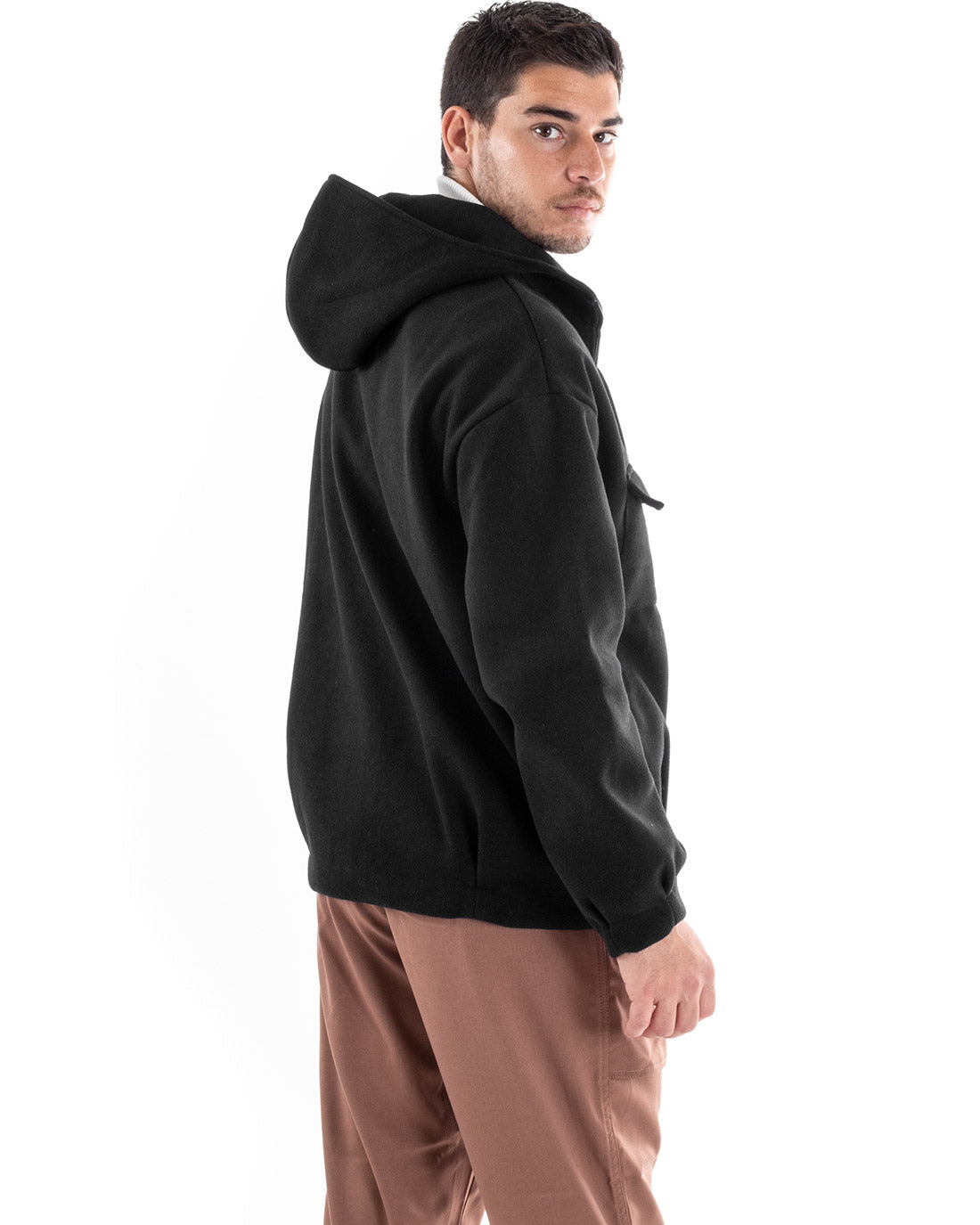 Cappotto Uomo Camoscio Giubbotto Con Cappuccio Giacca Calda Con Zip Tinta Unita Nero GIOSAL-G2947A