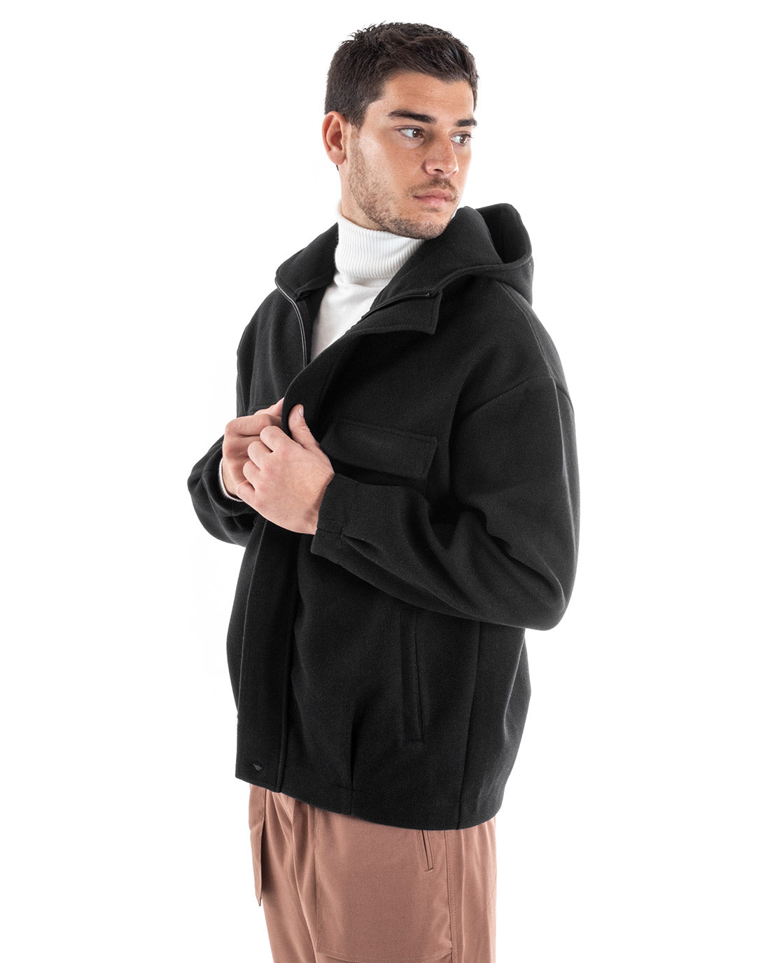 Cappotto Uomo Camoscio Giubbotto Con Cappuccio Giacca Calda Con Zip Tinta Unita Nero GIOSAL-G2947A